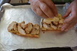 Chicken and Cheese Sandwich on Baking Sheet