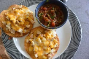 Chicken on homemade baked corn Tostadas