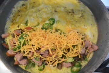 An omelet with ham, cheese and vegetables