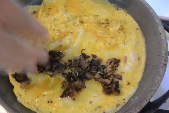A person is cooking an omelet in a pan
