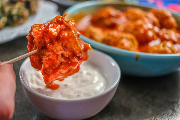 Buffalo meatball on a toothpick