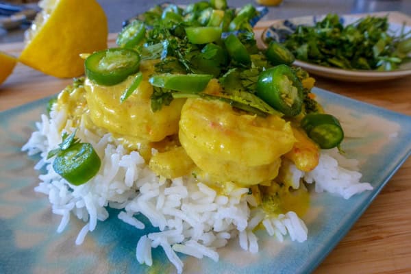 Curry Shrimp on rice wtih peppers
