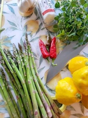 Garlic Herb Asparagus Featuring Summer Squash