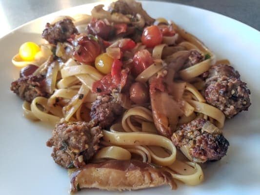 Easy Fettuccine with Tomatoes Sausage and Mushrooms
