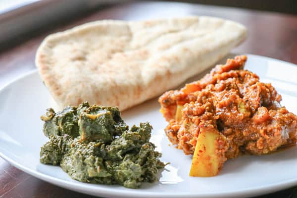 Palak paneer with lam vindaloo and naan