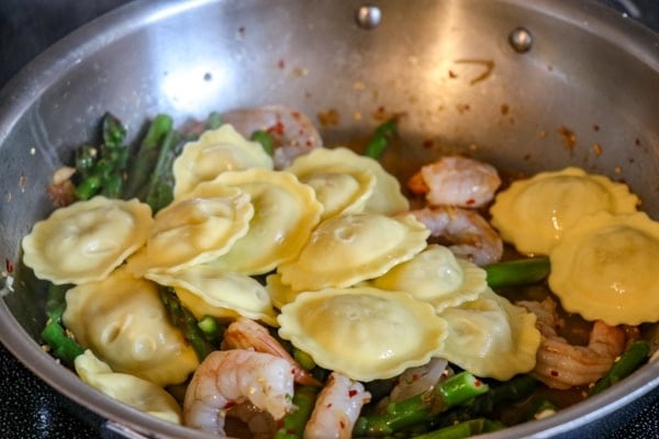 Mushroom Ravioli with Asparagus and Shrimp