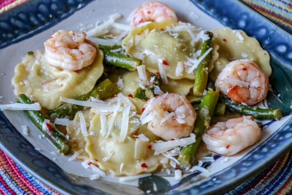 Mushroom Ravioli with Asparagus and Shrimp