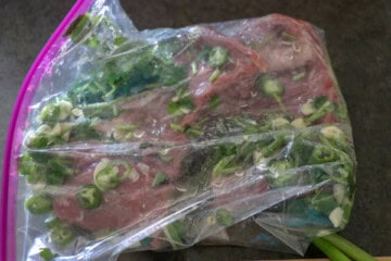 A plastic bag filled with meat and green onions