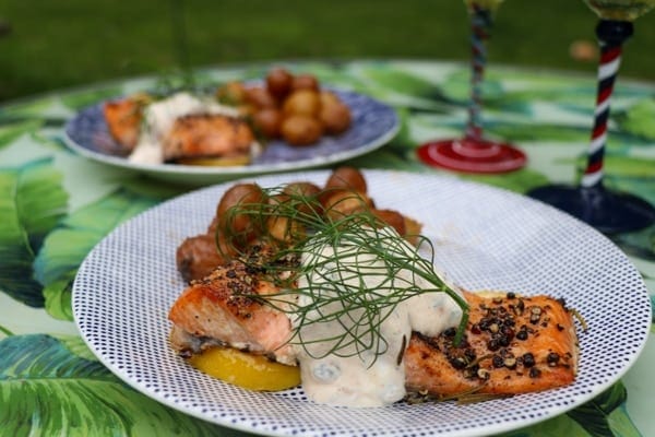 Grilled Salmon with Dill Sauce and Potatoes