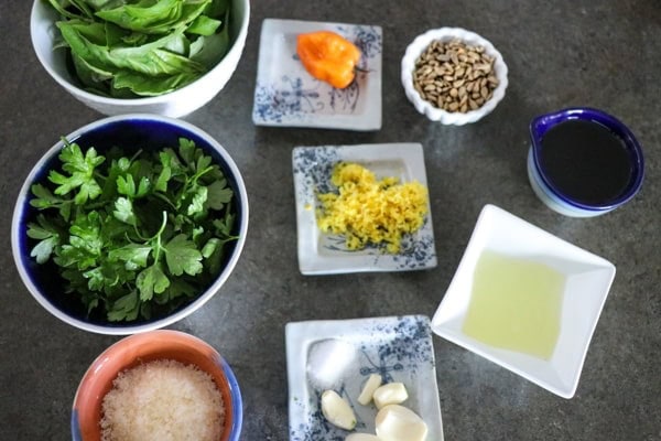 Ingredients for a salad on a counter
