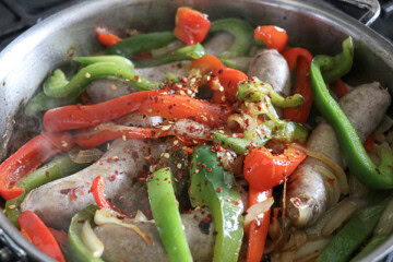 Bratwurst with Peppers and Onions