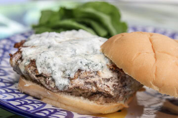 Mushroom Turkey Burger with Bacon and Gorgonzola Cheese Sauce