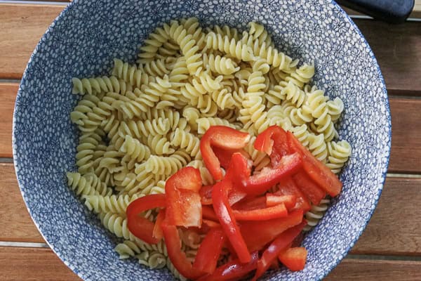 A bowl of pasta with red peppers and tomatoes