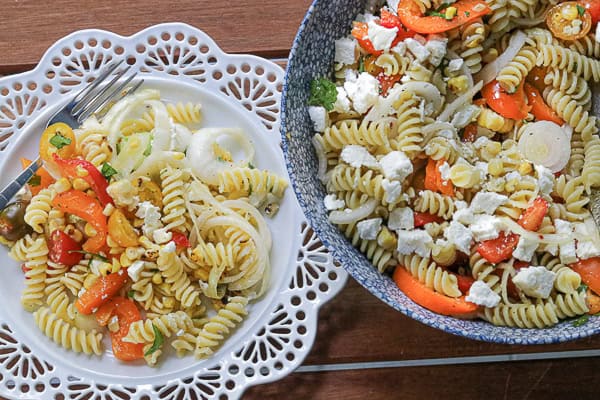 Pasta salad with feta cheese and tomatoes