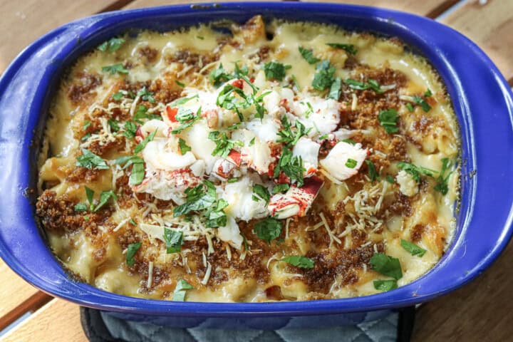 Lobster Mac and Cheese in a casserole dish