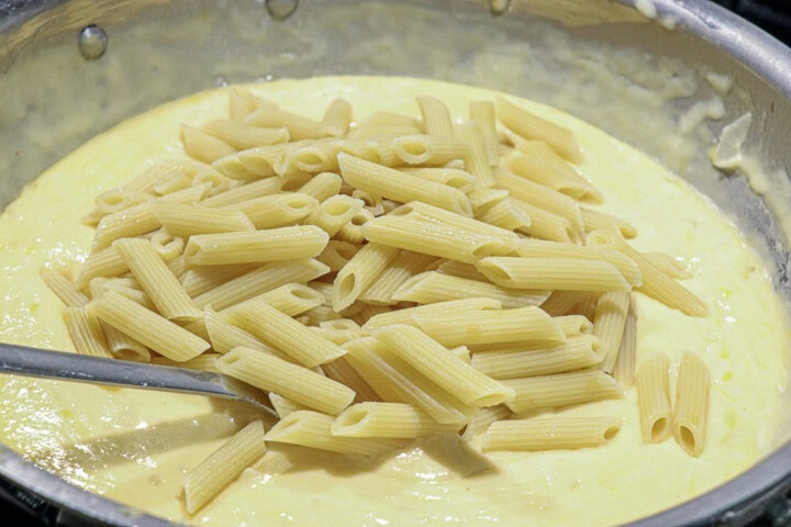 Pasta in cheese sauce with spoon