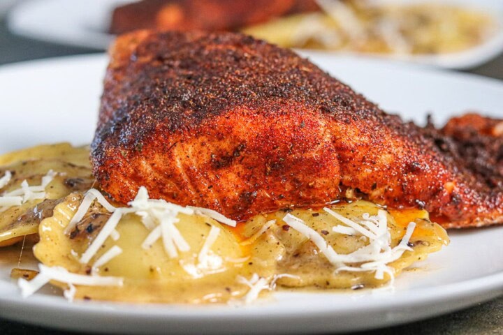 air fryer blackened salmon on ravioli