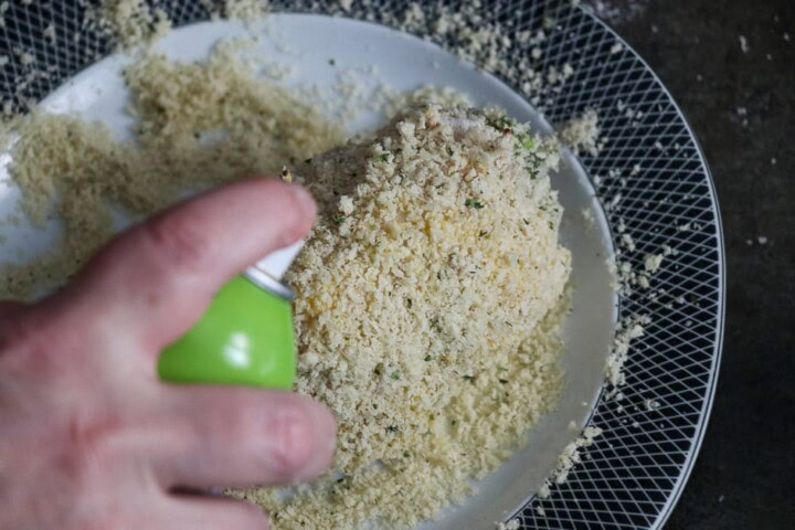 Spraying Air Fryer Chile Relleno Stuffed Chicken Breast