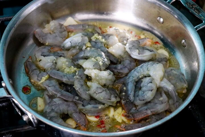 Shrimp Scampi in pan with garlic