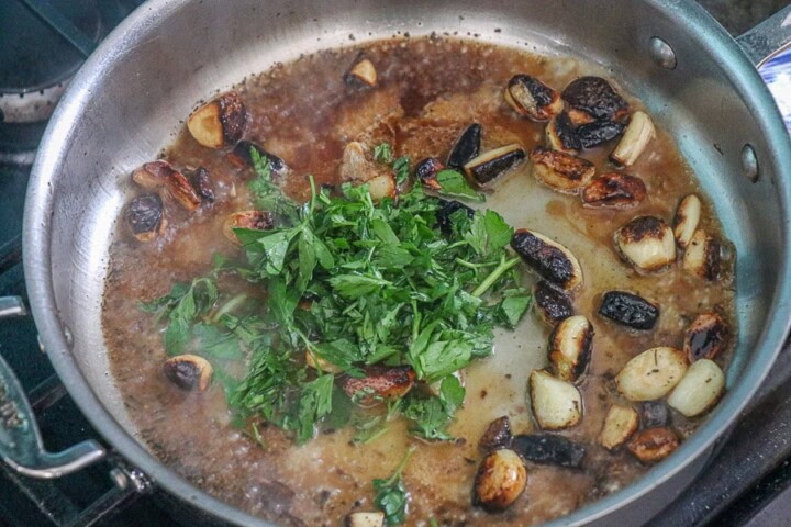 Garlic and cilantro ina pan