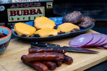 Burger on a plate with cheese, hot dogs and onion