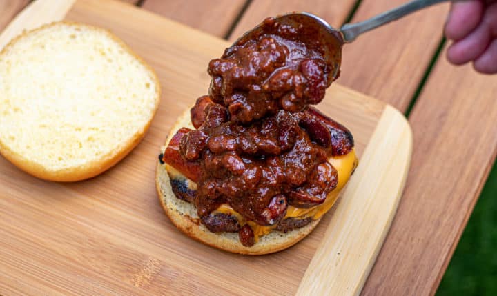 Chili on top of a burger