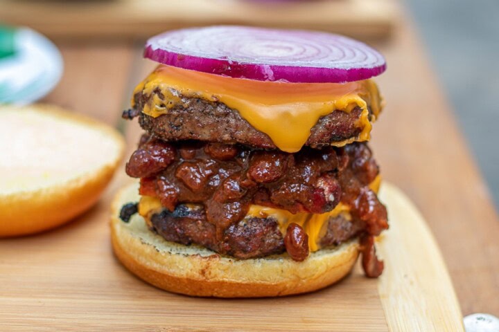 Chili cheese burger with onion