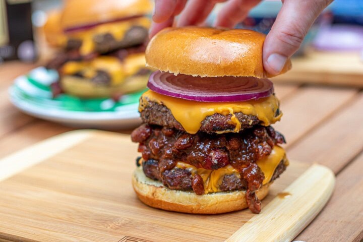 Bun on top of Bun oBurger with cheese and chili
