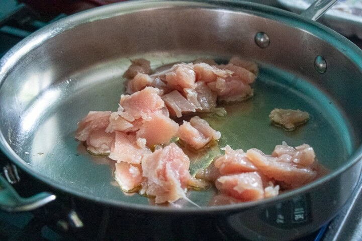 Chopped up turkey in a pan