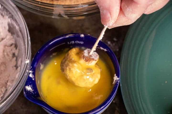 dip the mushroom in the eggs