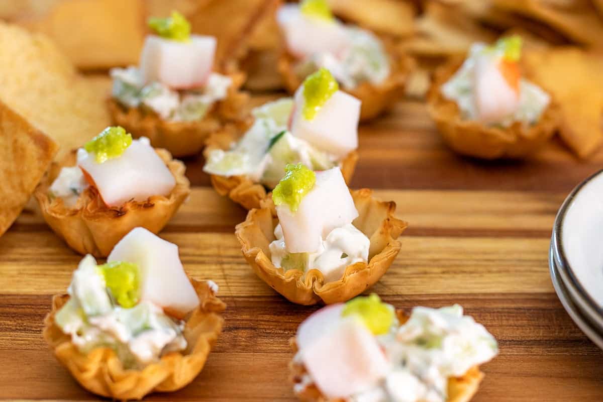 Crab and cucumber phyllo cups