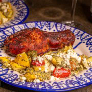 Patty Pan squash with tomatoes and pesto sauce with chicken breast
