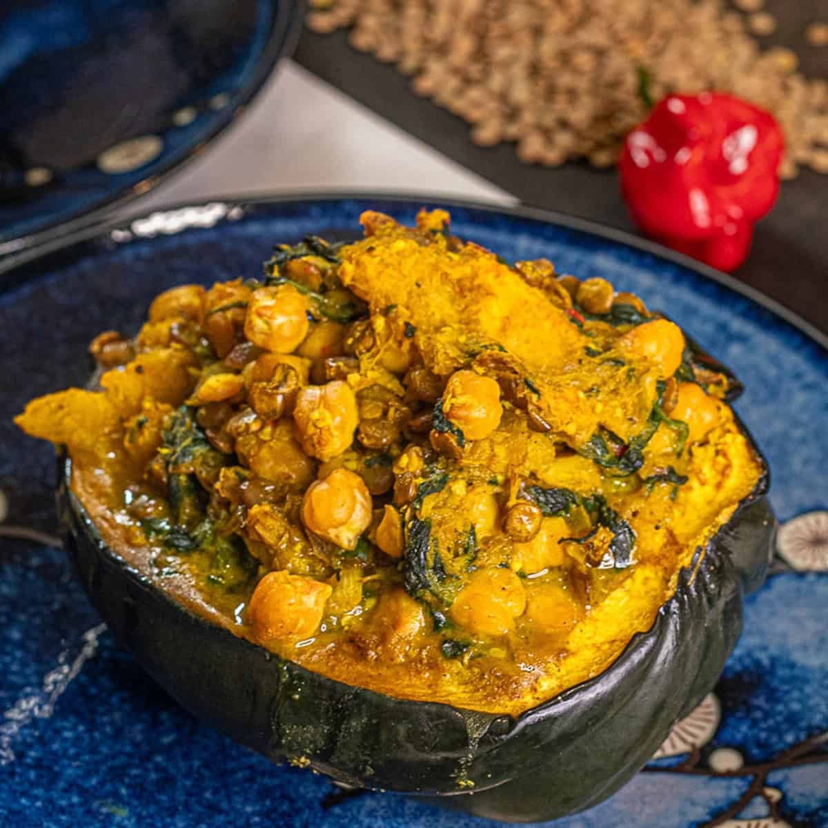 Curried Lentils, Garbanzo Beans, & Spinach Stuffed Acorn Squash