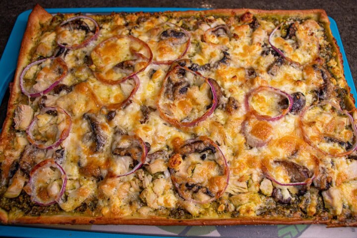 Sheet Pan Chicken Pesto Pizza