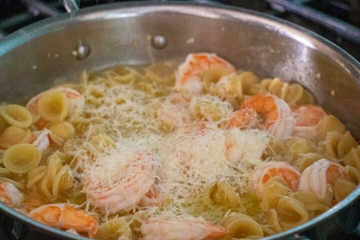 Shrimp and pasta in a pan