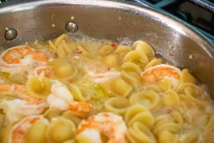 Shrimp and pasta in a pan