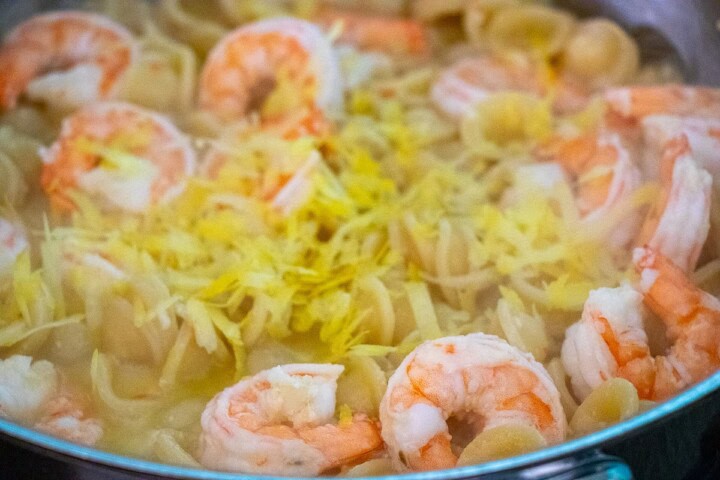 Shrimp and pasta in a pan