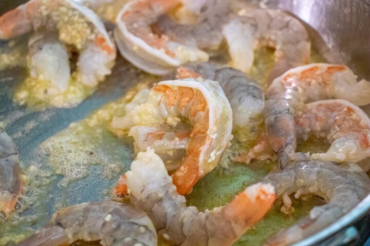 Shrimp with garlic in a pan