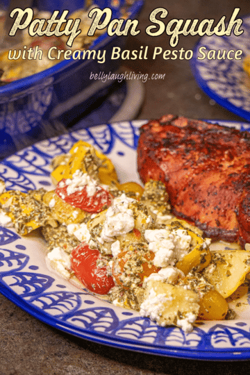 Patty Pan squash with tomatoes and pesto sauce with chicken breast