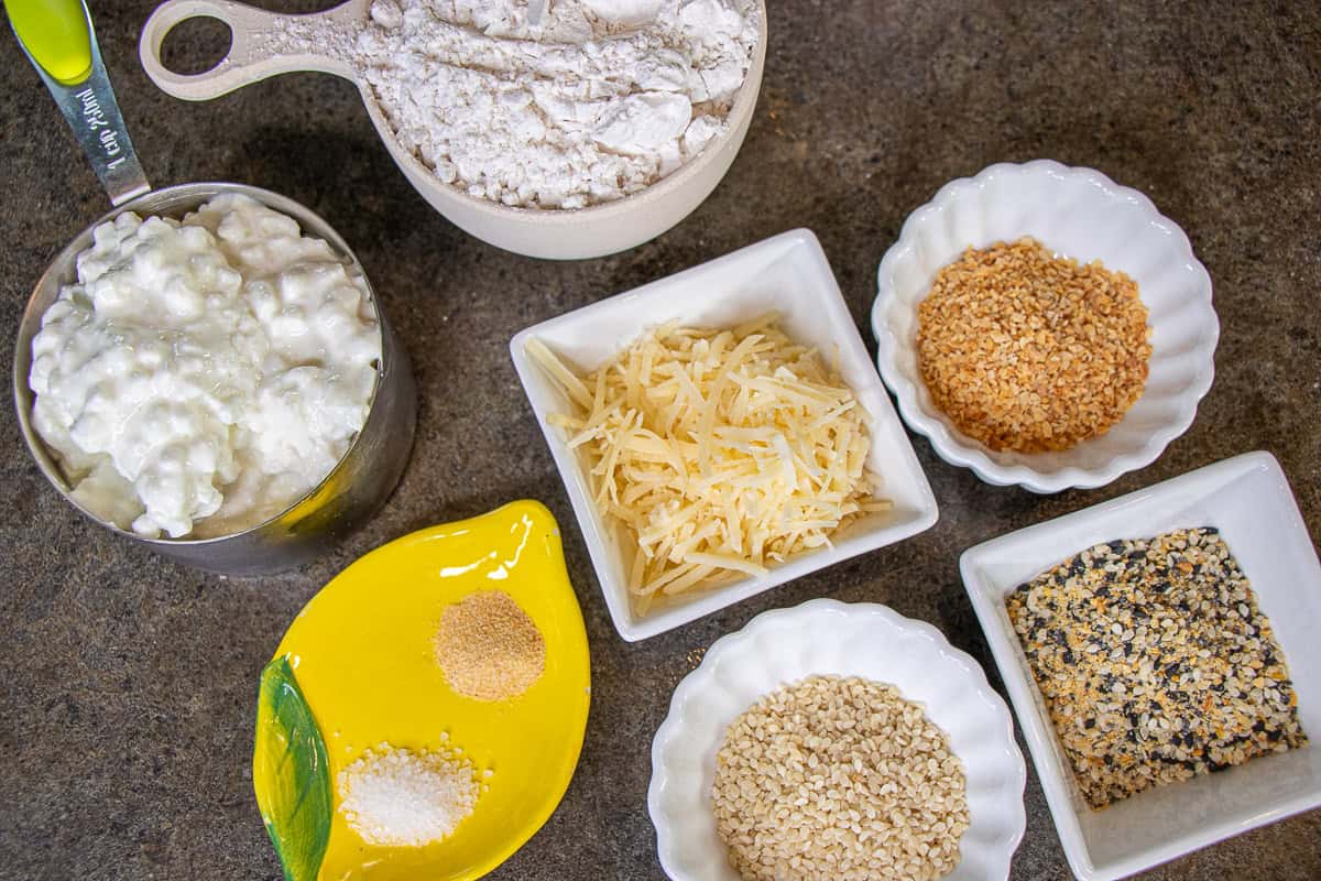 Ingredients for Bagels (cottage cheese, salt, garlic, flour, cheese, sesame seeds.