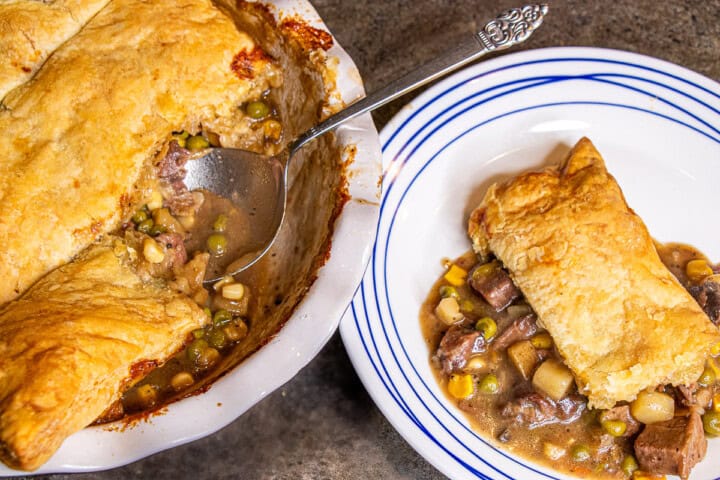 Beef Pot pie in pie dish and on plate