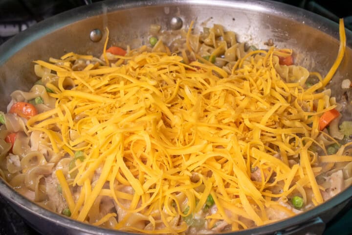 Shredded Cheese in a pan with tuna noodle helper
easy homemade tuna noodle casserole