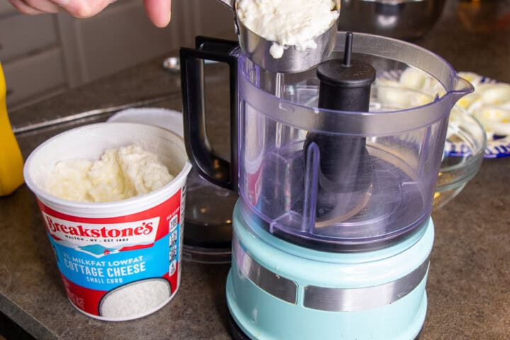 Cottage Cheese blended in a food processor. Deviled eggs recipe