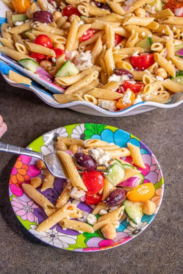 Pasta Salad in bowl and serving dish