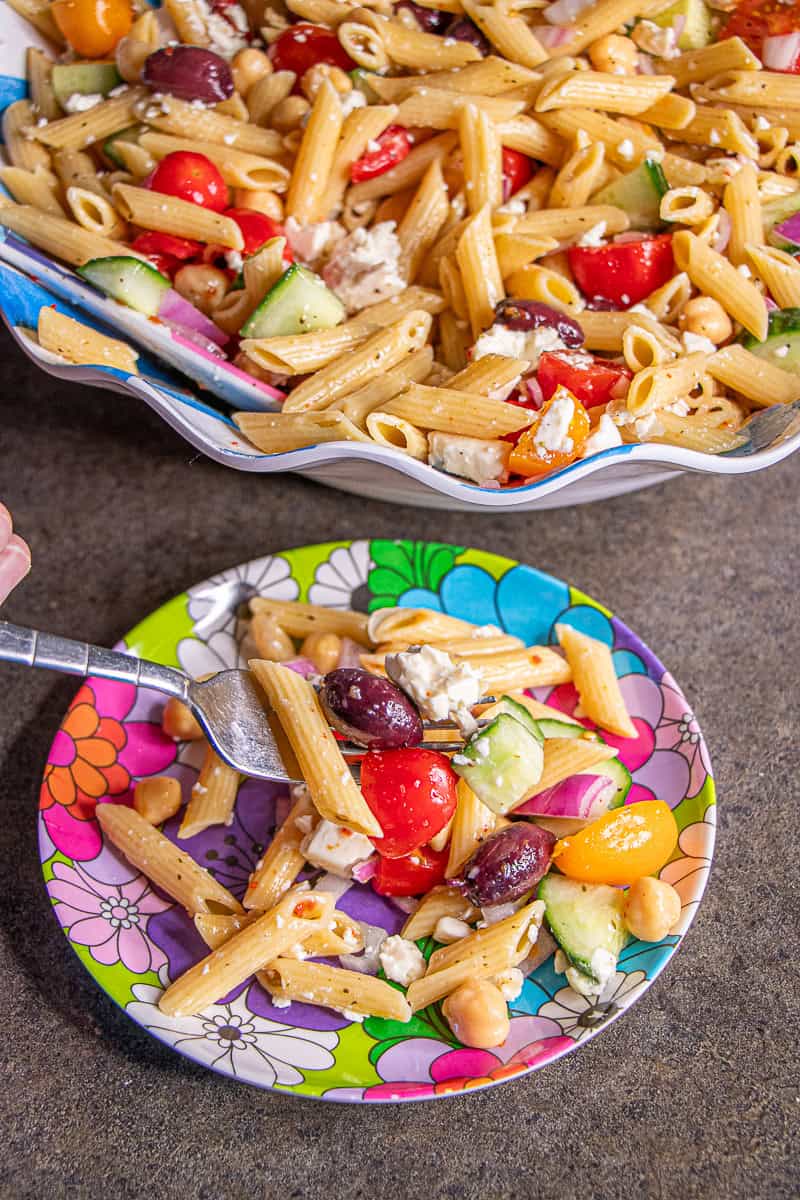 Pasta Salad in bowl and serving dish