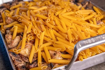 Pasta added to roasting pan