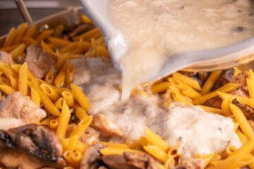 Mushroom sauce poured over pasta