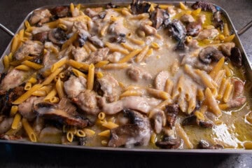 Chicken, mushrooms, pasta and sauce in roasting pan