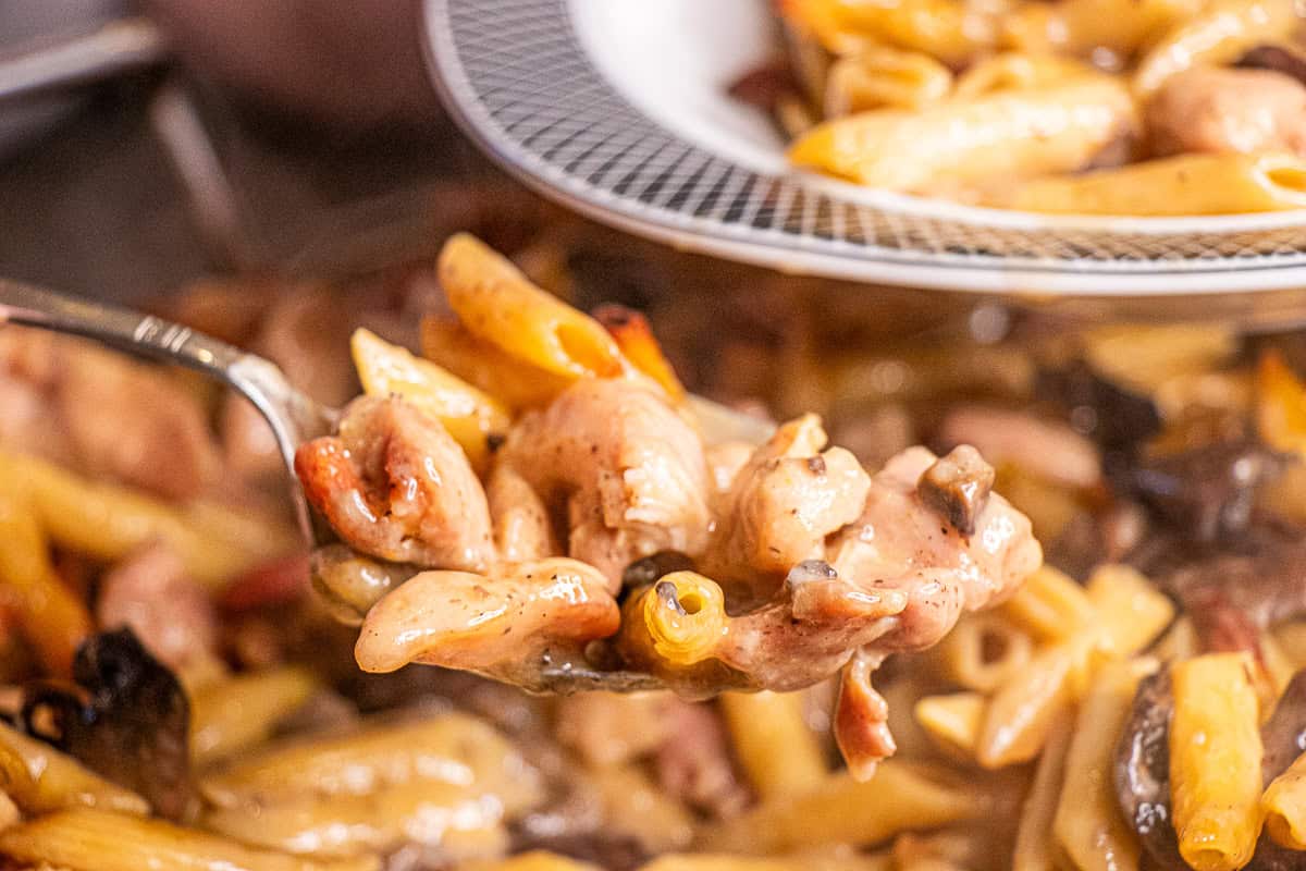 Chicken, mushrooms, pasta and sauce in roasting pan