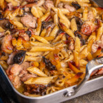 Pasta, mushrooms and chicken in pan